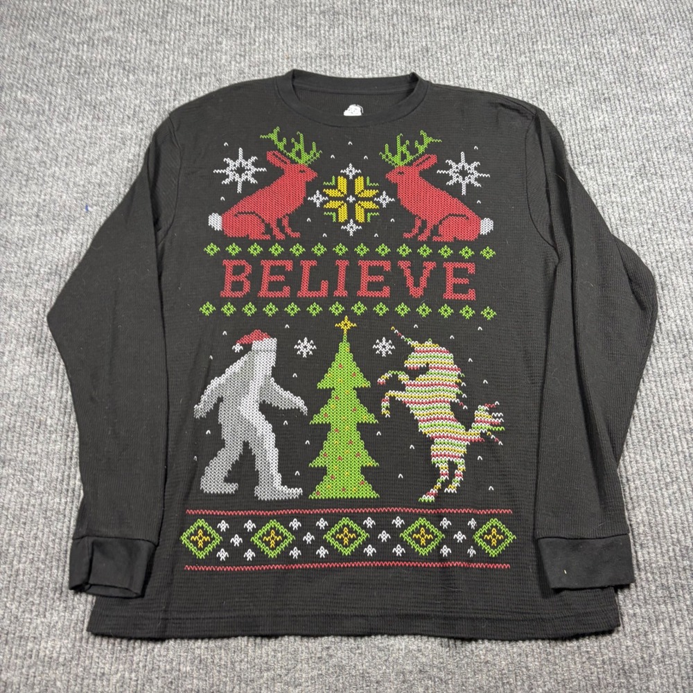 Dec 25th Sweater Mens XL Black Waffle Knit Believe Bigfoot Unicorn Christmas Top
